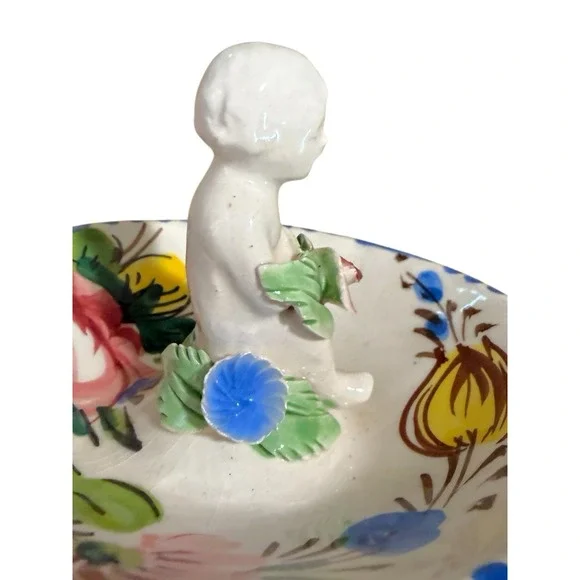 Vintage Italy Hand painted Ceramic Ring Dish Capodimonte Style Cherub Floral Sca - Picture 5 of 8